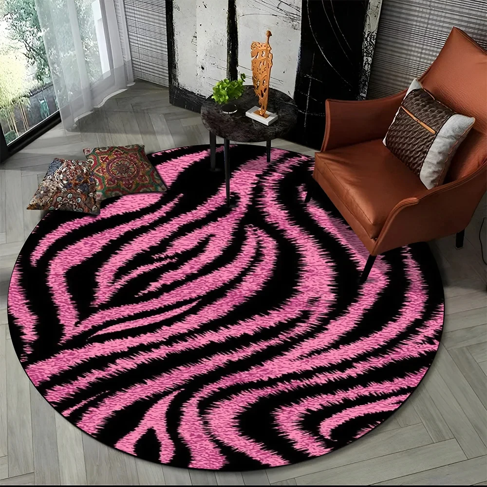 Commercial Printing Format - Pembe Zebra Çizgili Desenli Yuvarlak Halı