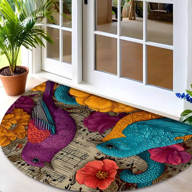 Commercial Printing And Graphics - Sanatsal Tropikal Çiçekli Kuş Desenli Yuvarlak